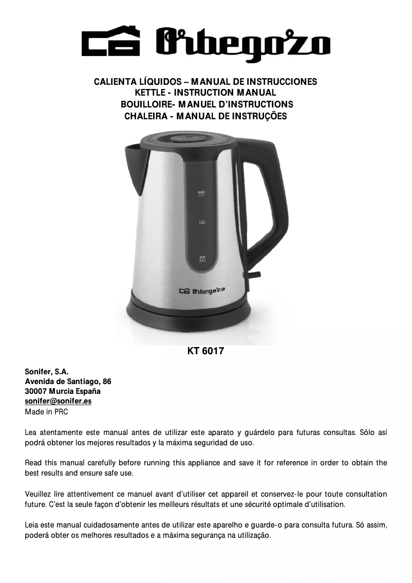 Page 1 de la notice Manuel utilisateur Orbegozo KT 6017