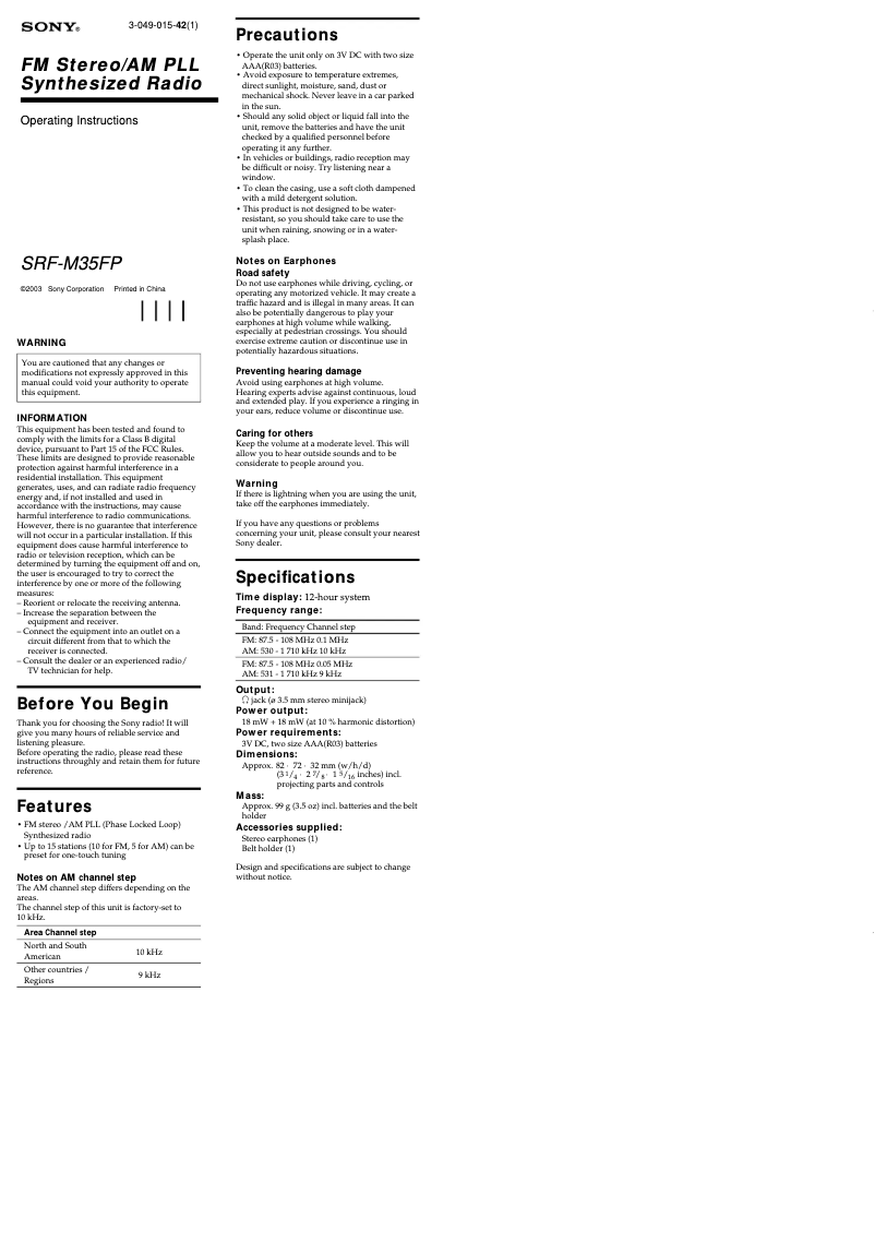 Page 1 de la notice Manuel utilisateur Sony SRF-M35FP