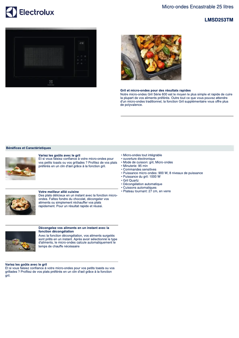 Page 1 de la notice Fiche technique Electrolux LMSD253TM