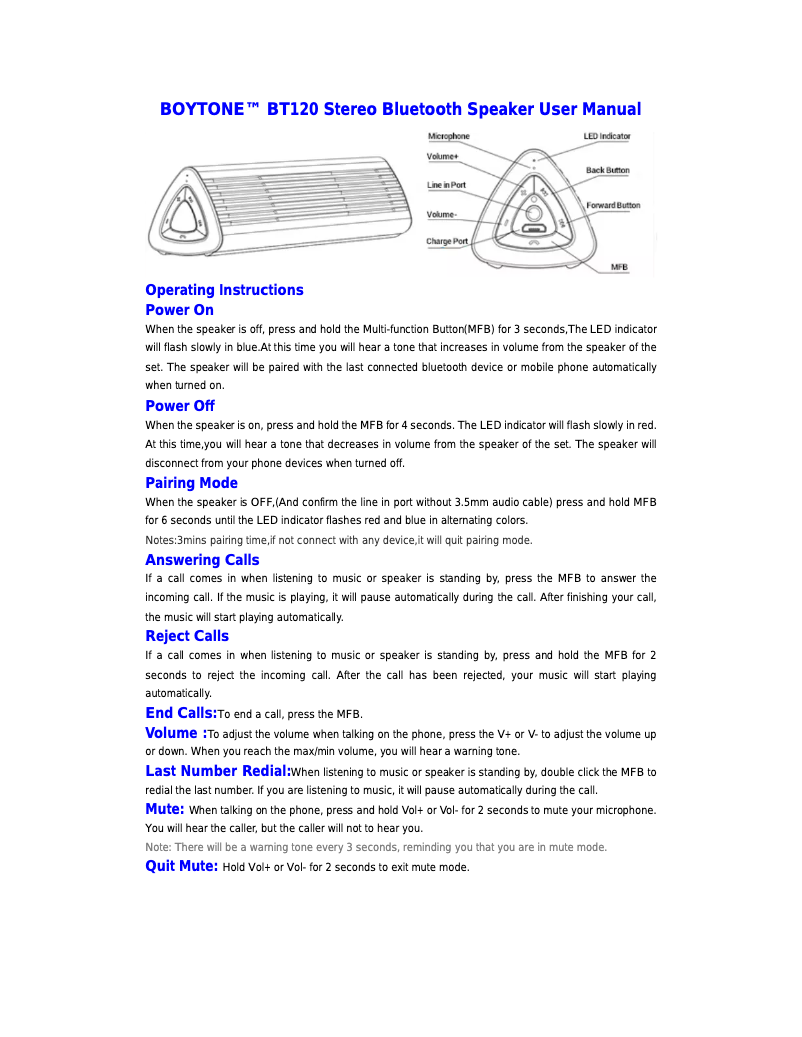 Image de la première page du manuel de l'appareil BT120