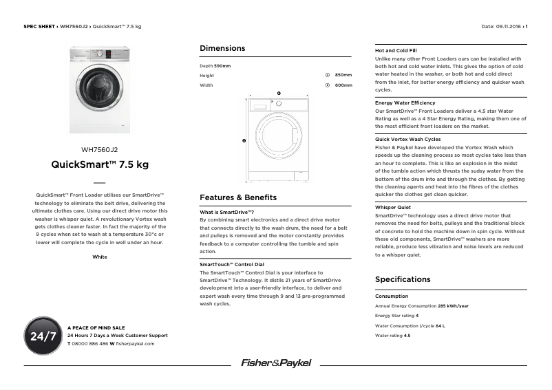 Page 1 of the manual Technical Sheet Fisher & Paykel WH7560J2
