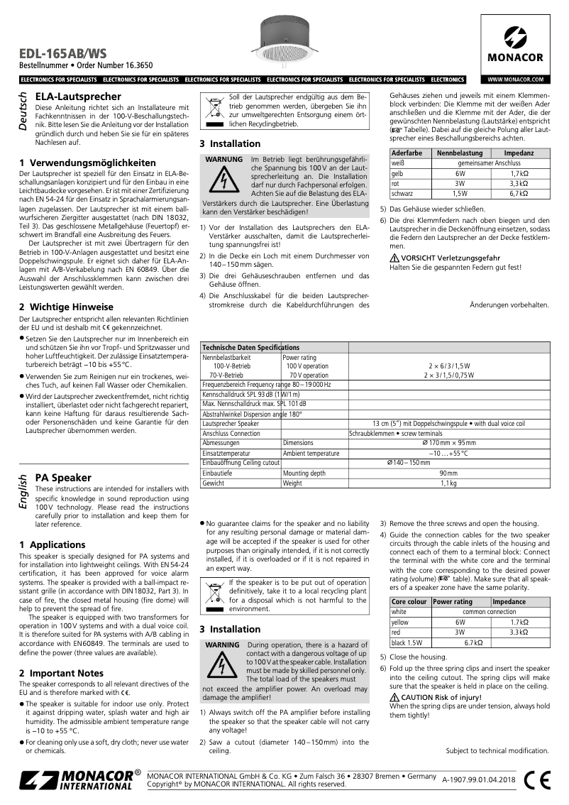 Page 1 de la notice Manuel utilisateur Monacor EDL-165AB/WS