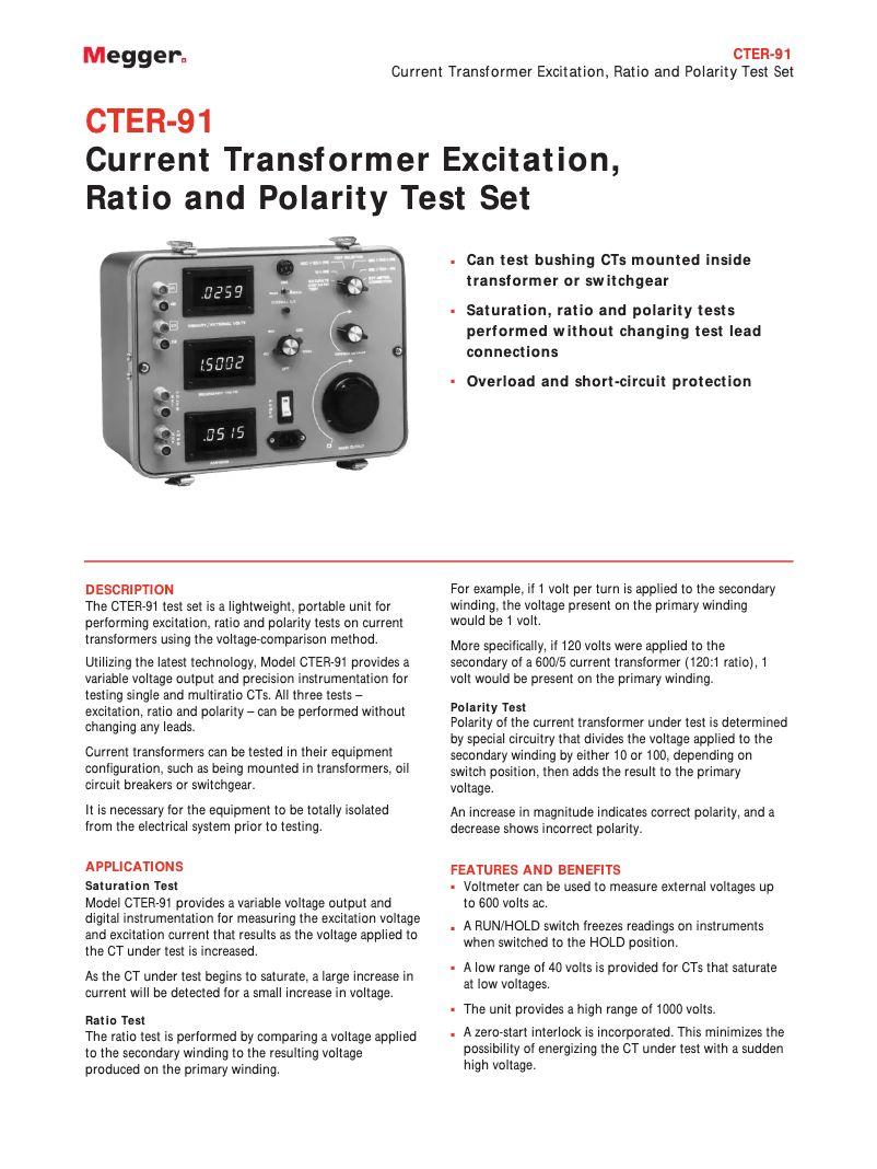 Page 1 de la notice Fiche technique Megger CTER-91