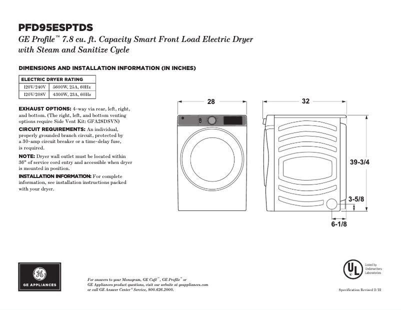 Page 1 de la notice Fiche technique GE Profile PFD95ESPTDS
