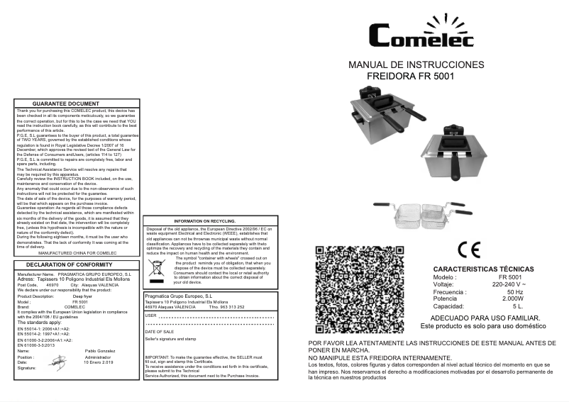 Page 1 de la notice Manuel utilisateur Comelec FR5001