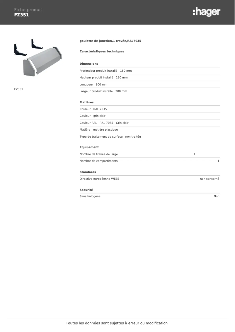 Page 1 de la notice Manuel utilisateur Hager FZ351