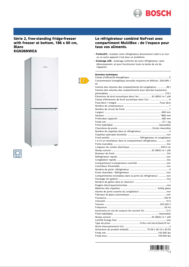 Page 1 de la notice Fiche technique Bosch KGN36NWEA