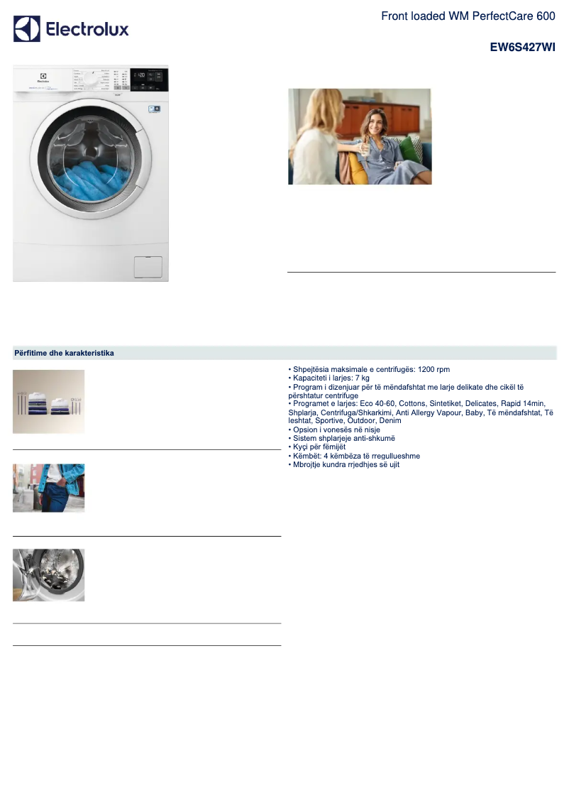 Page 1 de la notice Fiche technique Electrolux EW6S427WI