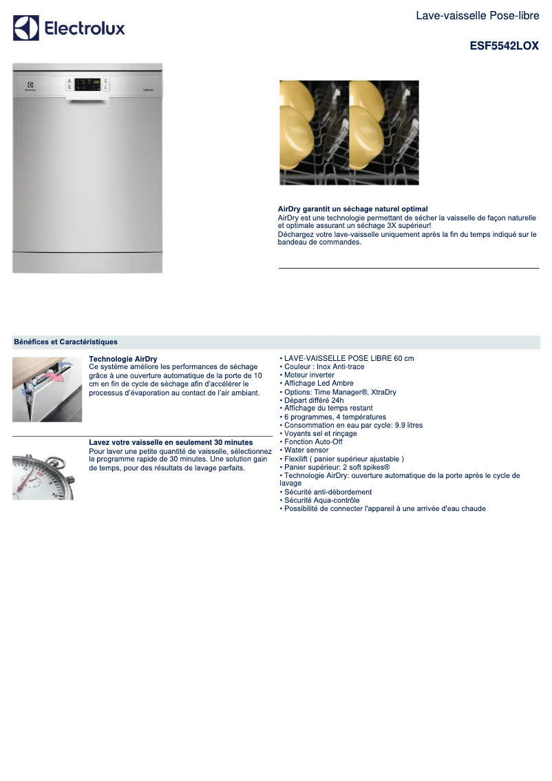 Page 1 de la notice Fiche technique Electrolux ESF5542LOX