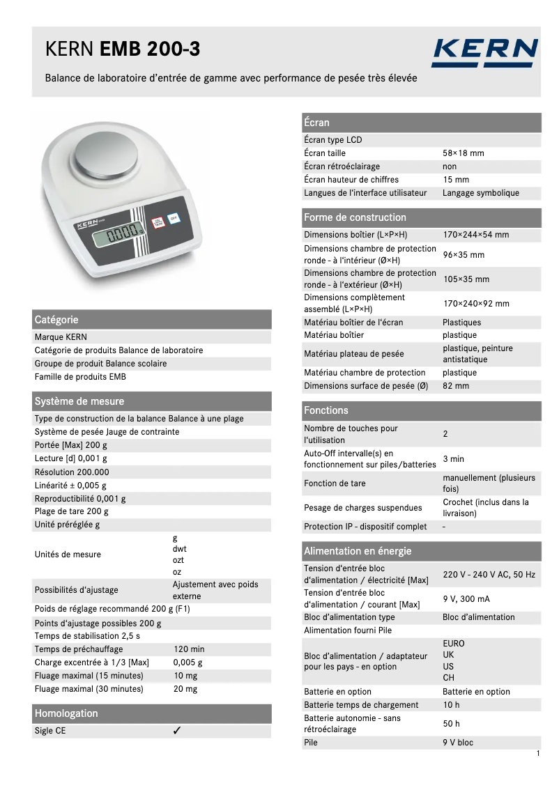 Page 1 de la notice Fiche technique Kern EMB 200-3