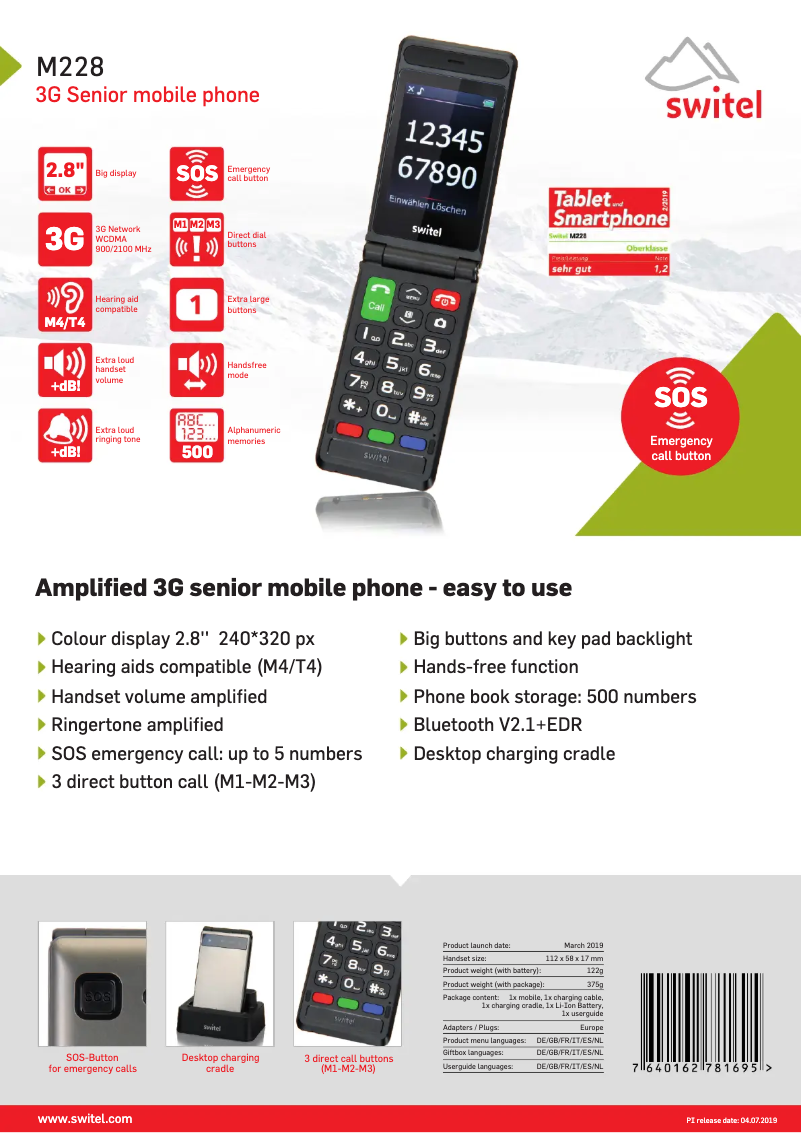 Page 1 de la notice Fiche technique Switel M228