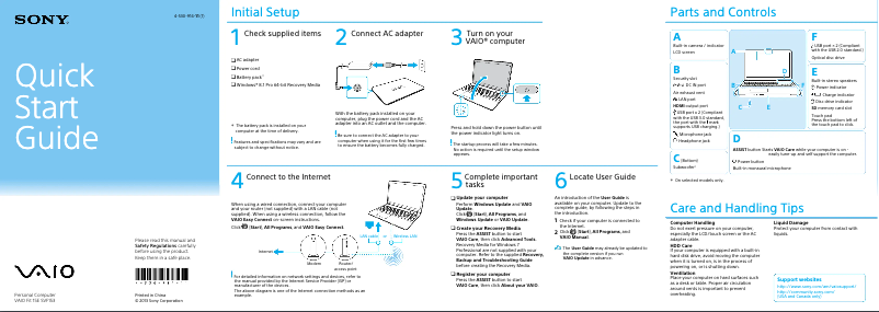Page 1 de la notice Guide d'installation Sony Vaio Fit 15 SVF1532AGXB