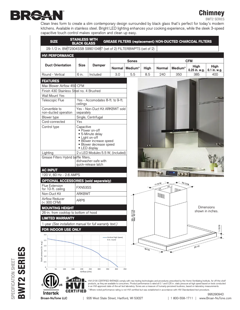 Page n°1 - Fiche technique Broan BWT2304SSB