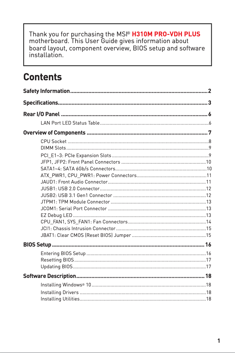 Page 1 de la notice Manuel utilisateur MSI H310M PRO-VDH PLUS
