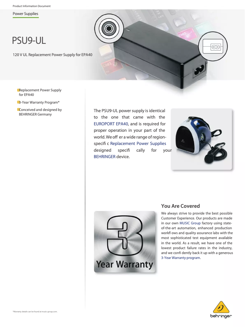 Page 1 de la notice Manuel utilisateur Behringer PSU9-UL
