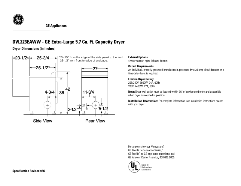 Page n°1 - Fiche technique GE DVL223EAWW