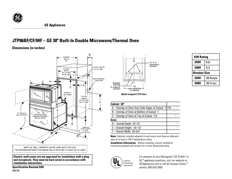 Page 1 of the manual Technical Sheet GE JTP86CFCC