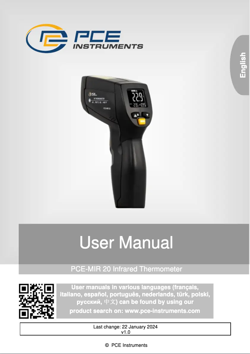 Página 1 del manual Manual de usuario PCE Instruments PCE-MIR 20