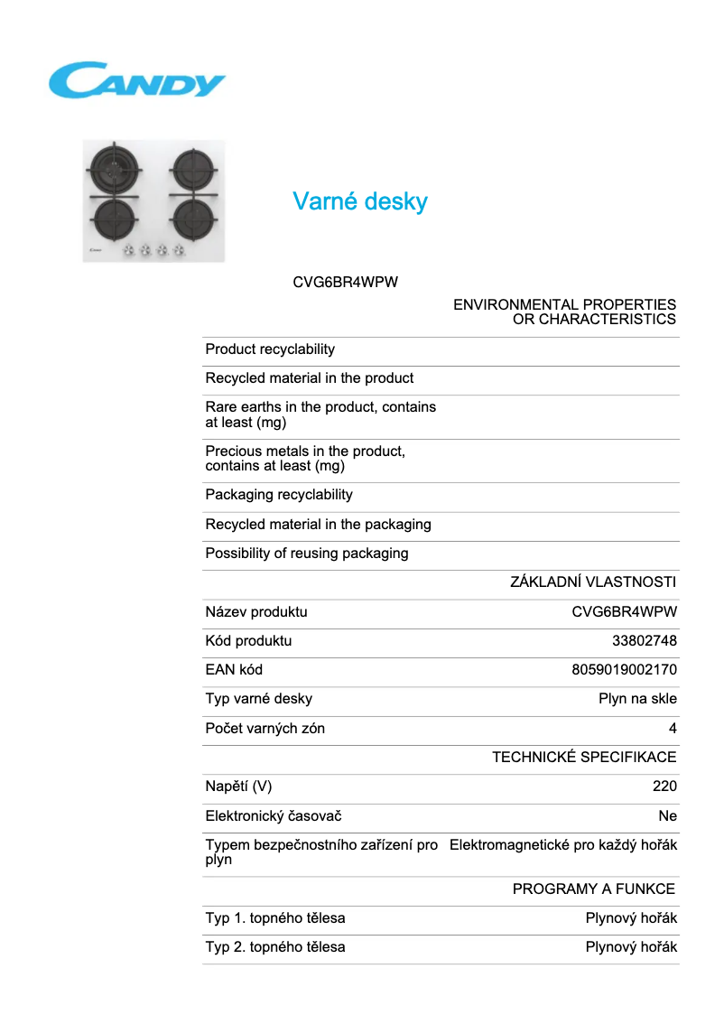 Page 1 de la notice Fiche technique Candy CVG6BR4WPW