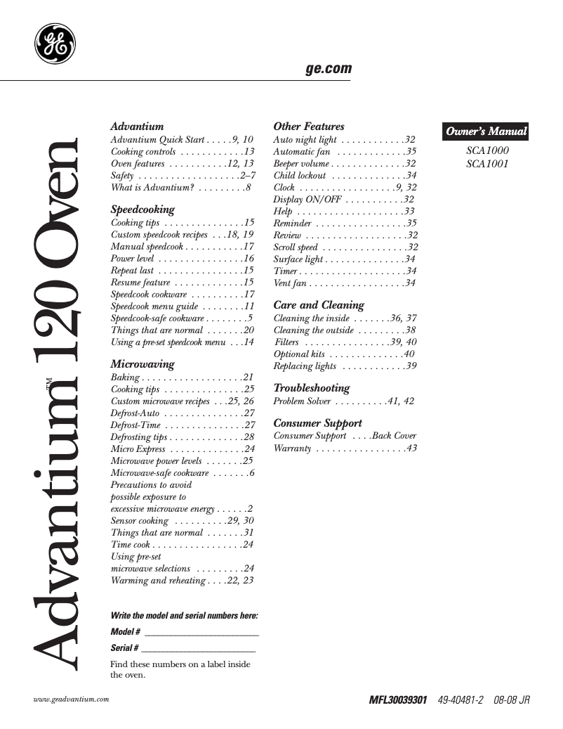 Page 1 de la notice Manuel d'utilisation et d'entretien GE SCA1000HWW