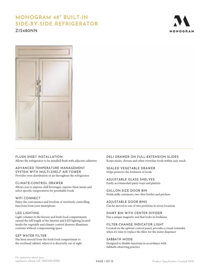 Page n°1 - Fiche technique Monogram ZIS480NNII