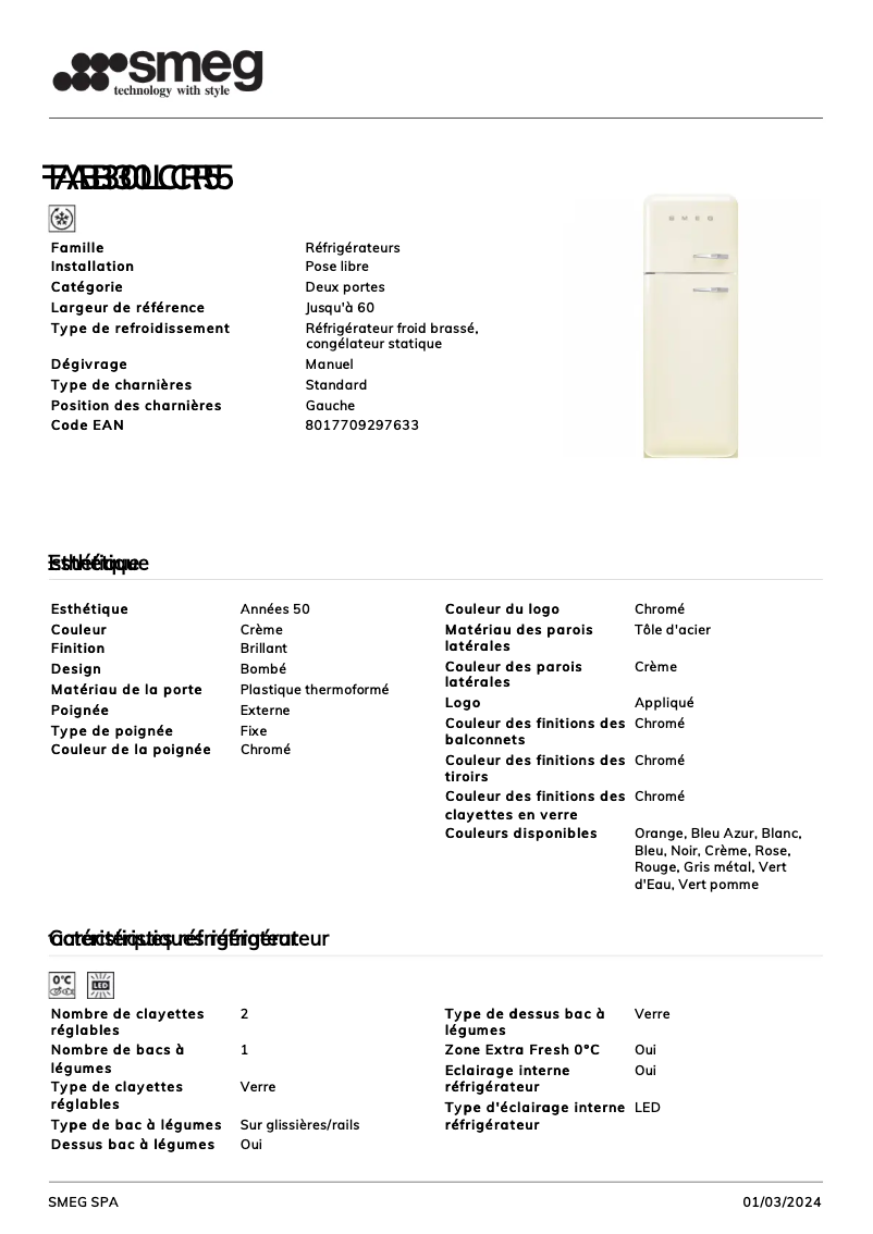 Page 1 de la notice Fiche technique Smeg FAB30LCR5