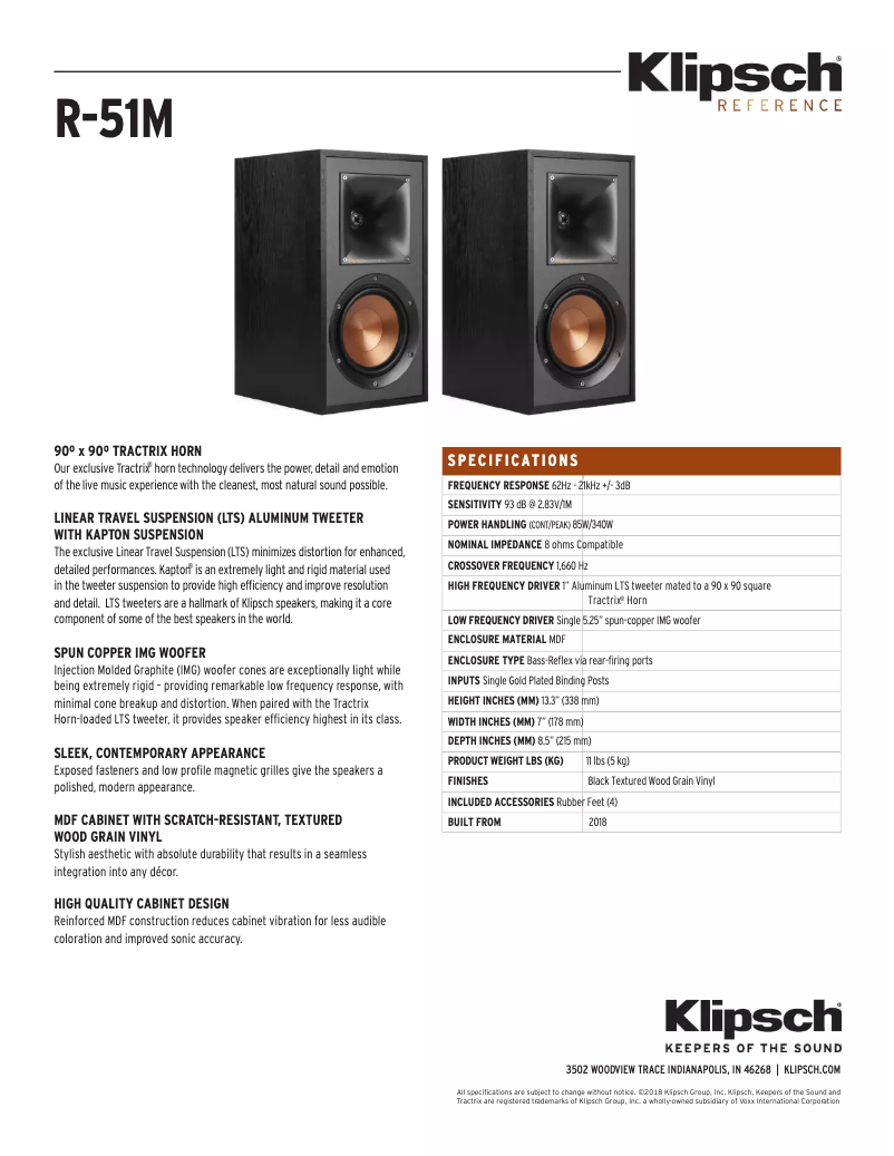 Page 1 de la notice Fiche technique Klipsch Reference R-51M