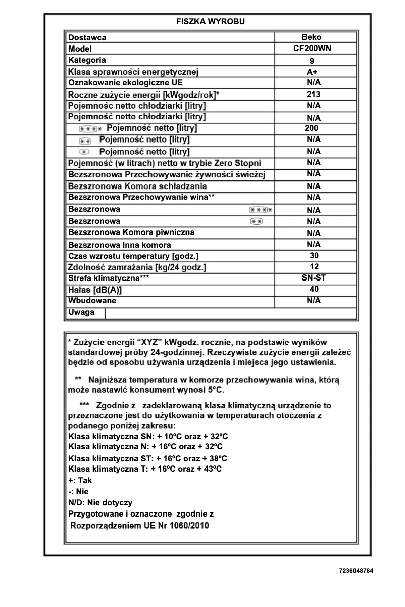 Page n°1 - Fiche technique Beko CF200WN