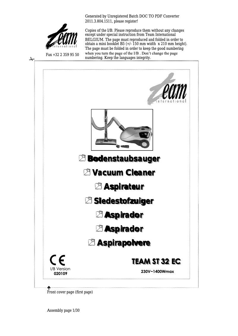 Page 1 de la notice Manuel utilisateur Team ST 32 EC