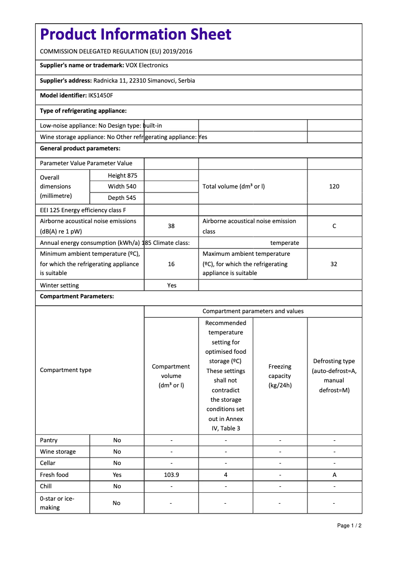 Page 1 de la notice Fiche technique VOX IKS1450F