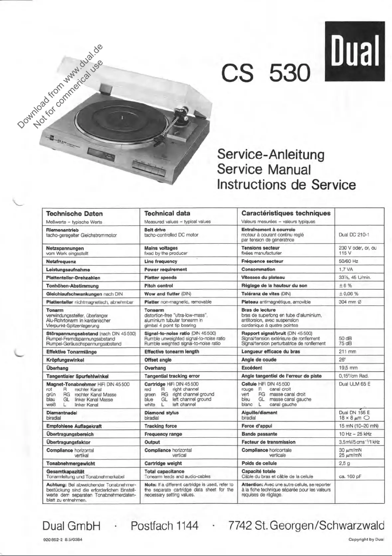 Page n°1 - Manuel utilisateur Dual CS 530