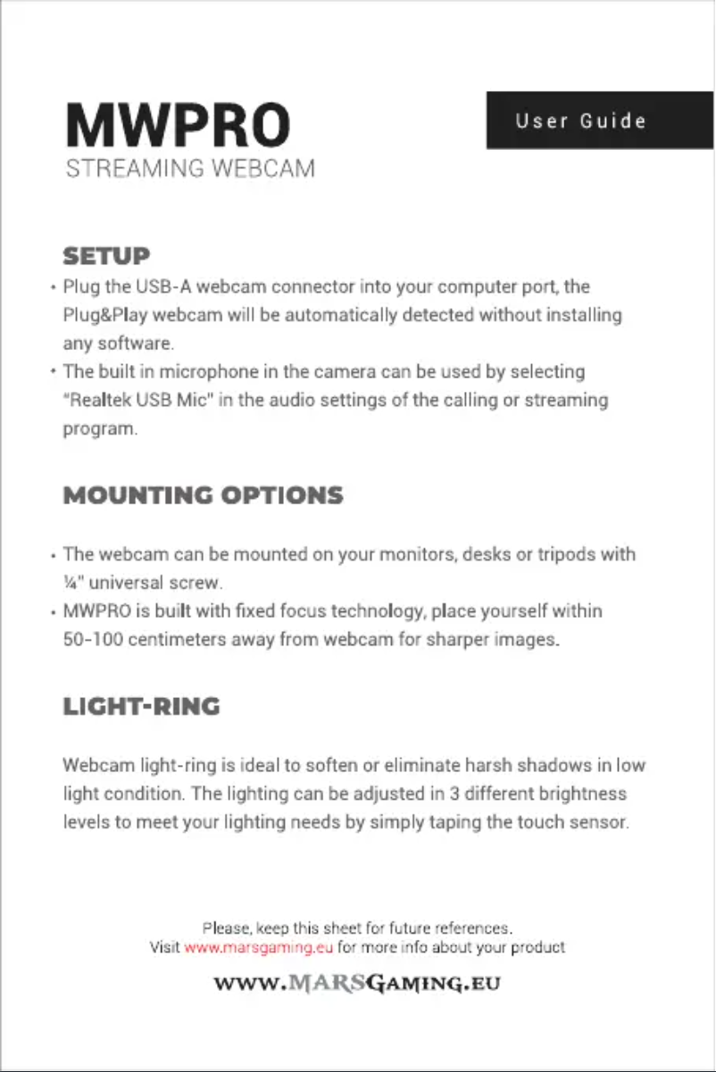 Image de la première page du manuel de l'appareil MWPRO