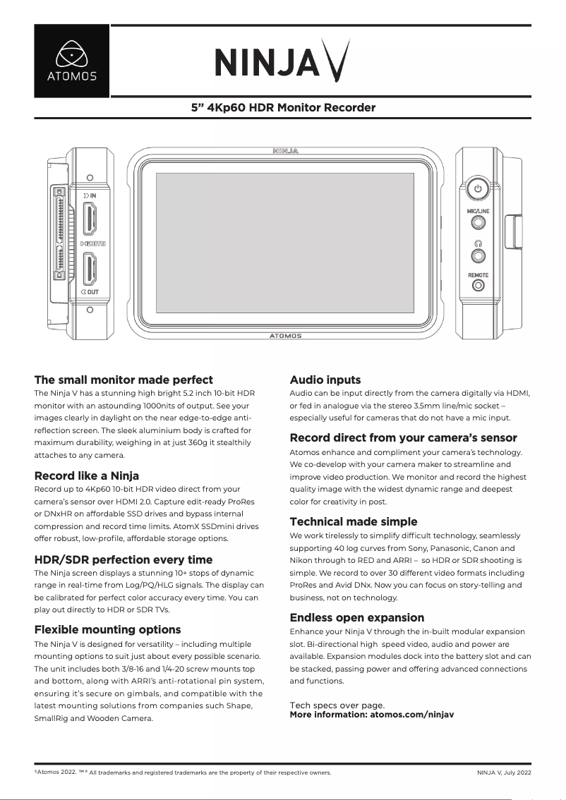 Page n°1 - Fiche technique Atomos Ninja V