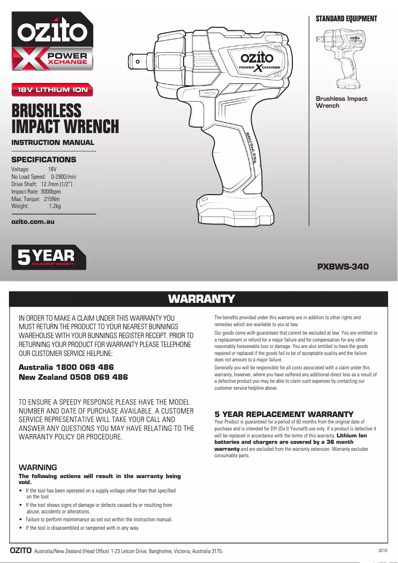 Page 1 de la notice Manuel utilisateur Ozito PXBWK-130