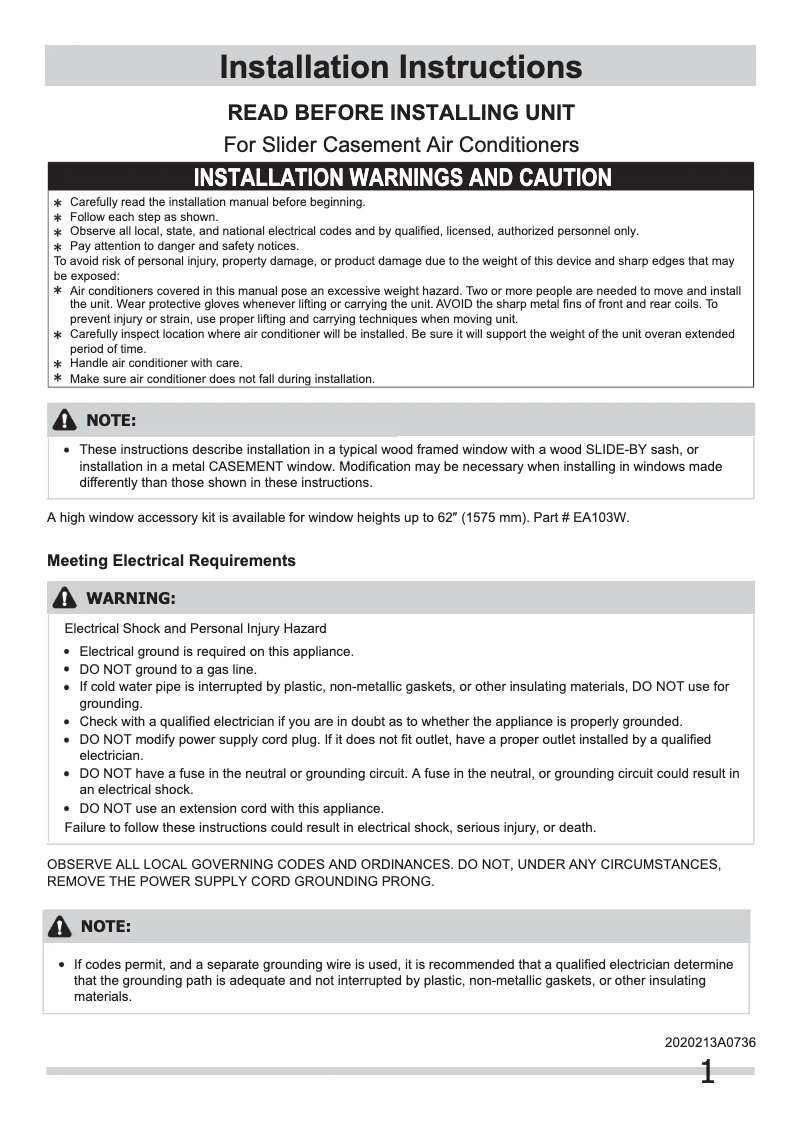 Page n°1 - Guide d'installation Frigidaire FRA084KT7