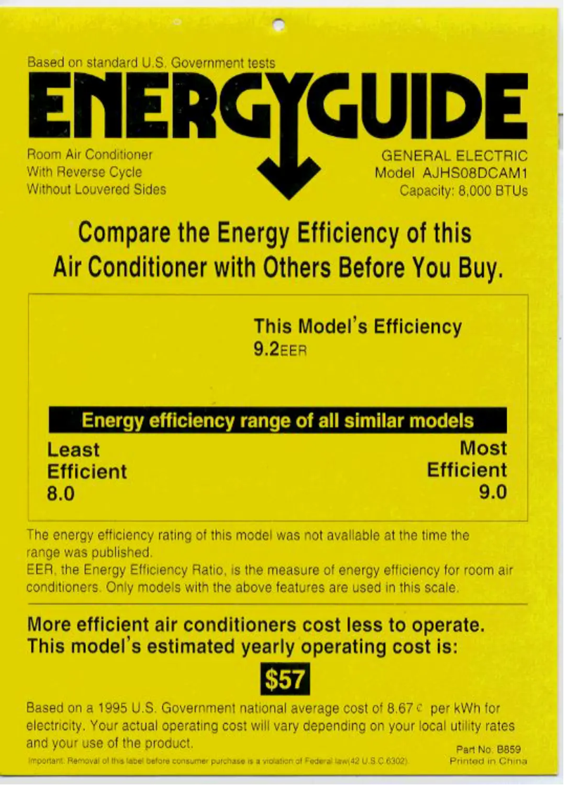 Page 1 de la notice Label énergétique GE AJHS08DC