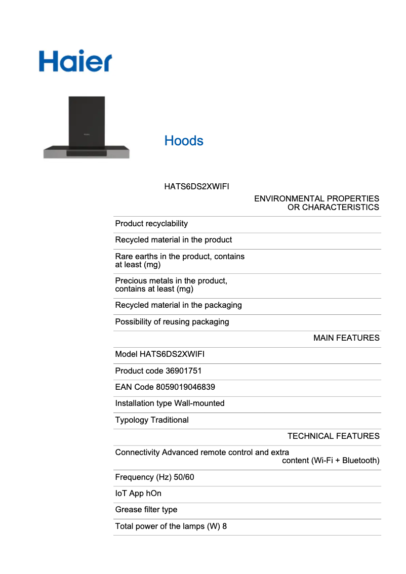 Image de la première page du manuel de l'appareil HATS6DS2XWIFI