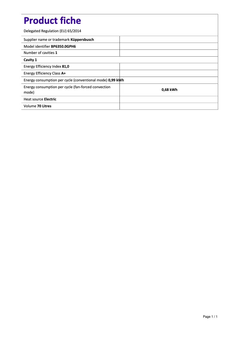 Page 1 de la notice Label énergétique Küppersbusch BP6350.0GPH6