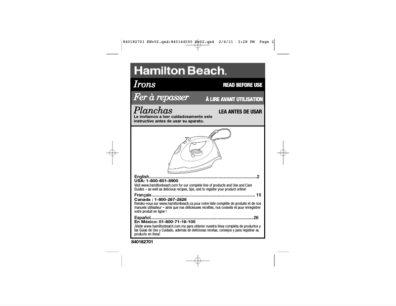 Page 1 de la notice Manuel utilisateur Hamilton Beach Steam Elite 14010
