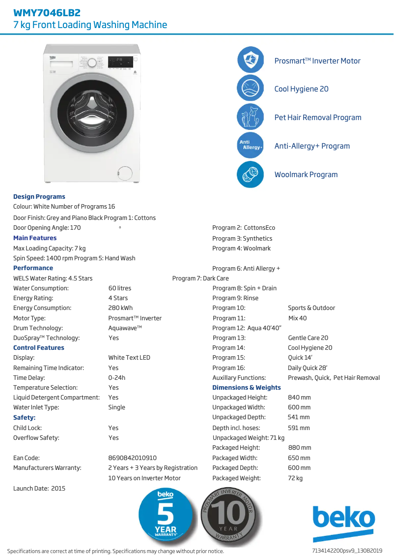 Page 1 de la notice Fiche technique Beko WMY7046LB2