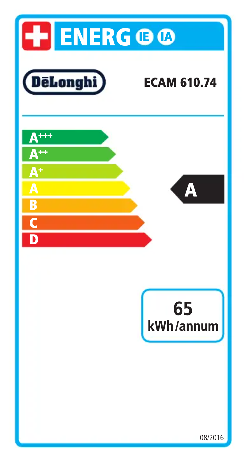 Page 1 de la notice Label énergétique DeLonghi PrimaDonna Soul ECAM610.74.MB