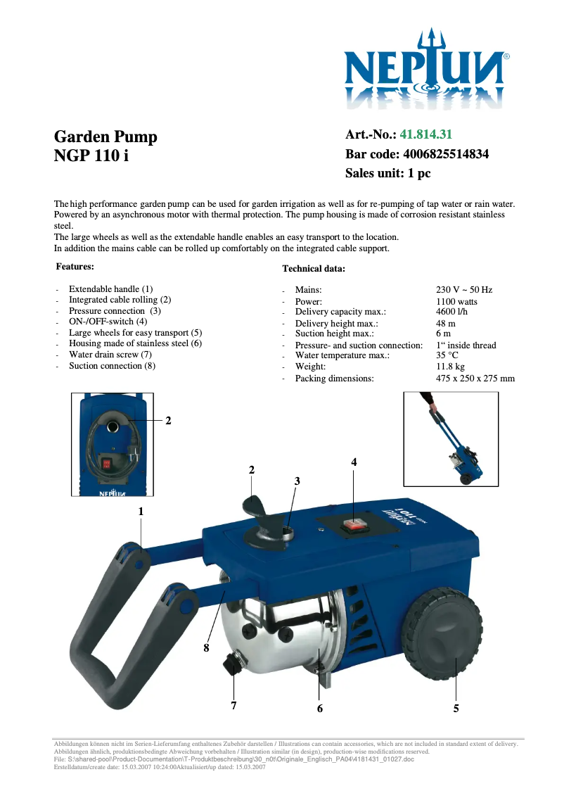 Page 1 de la notice Manuel utilisateur Neptun NGP 110 i