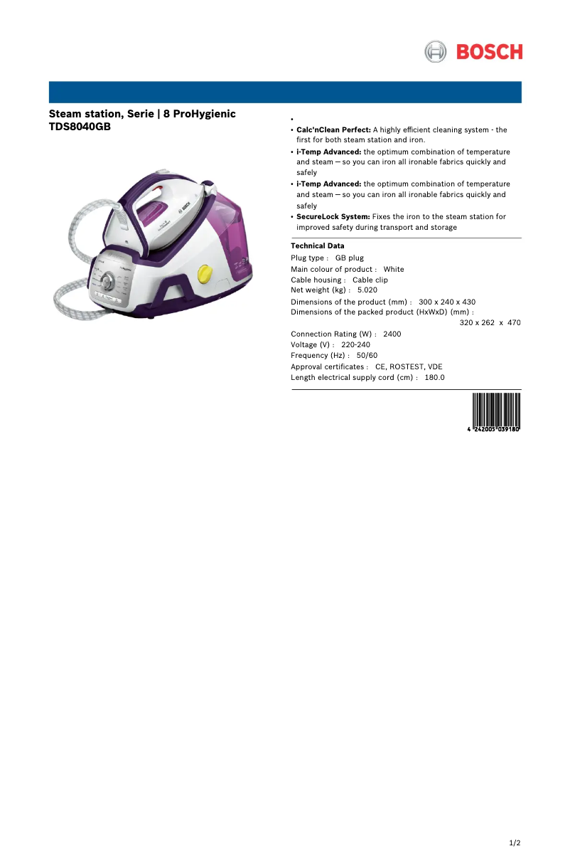 Página 1 del manual Ficha técnica Bosch TDS8040GB