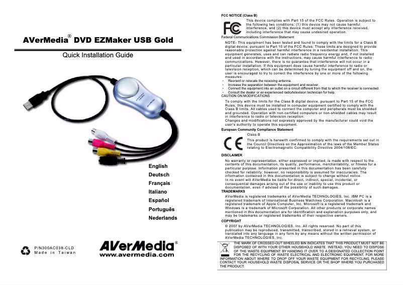 Page 1 de la notice Manuel utilisateur AVerMedia DVD EZ Maker