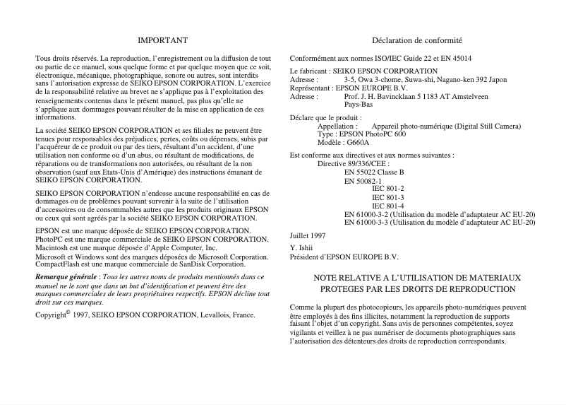 Page 1 de la notice Manuel utilisateur Epson PhotoPC 600