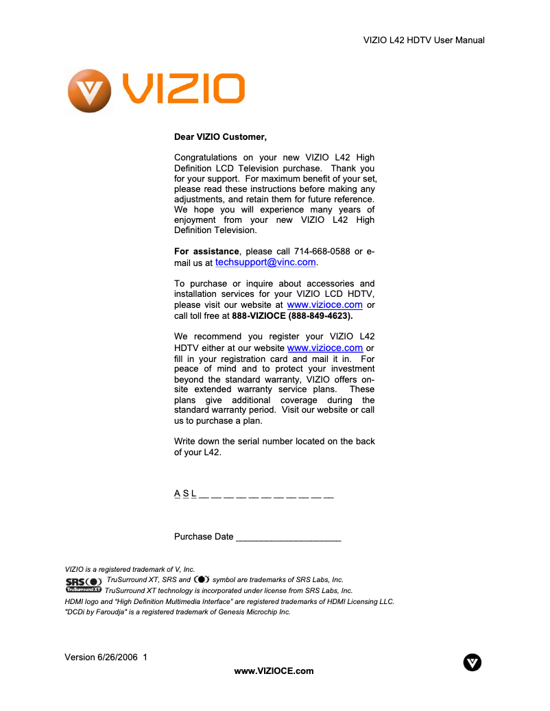 Page 1 de la notice Manuel utilisateur VIZIO L42HDTV10A