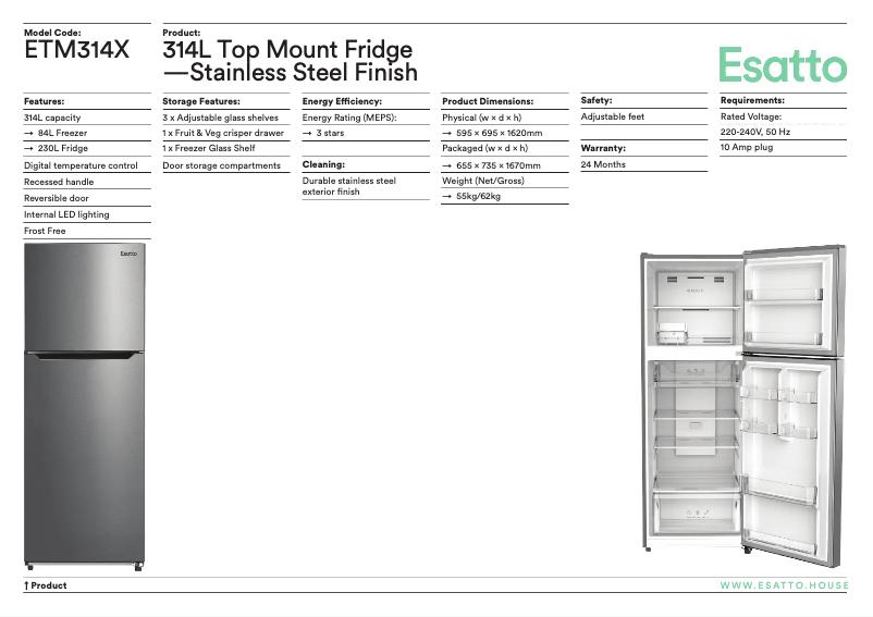 Page 1 de la notice Fiche technique Esatto ETM314X