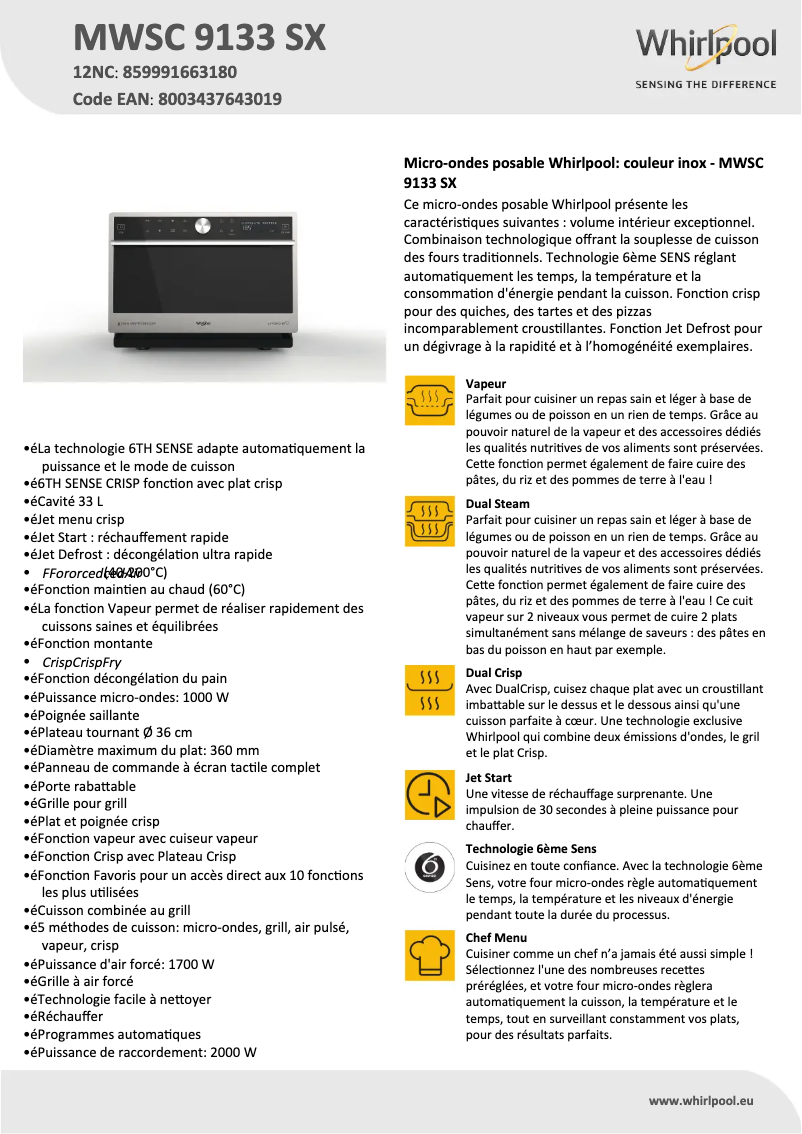 Page 1 de la notice Manuel utilisateur Whirlpool MWSC 9133 SX