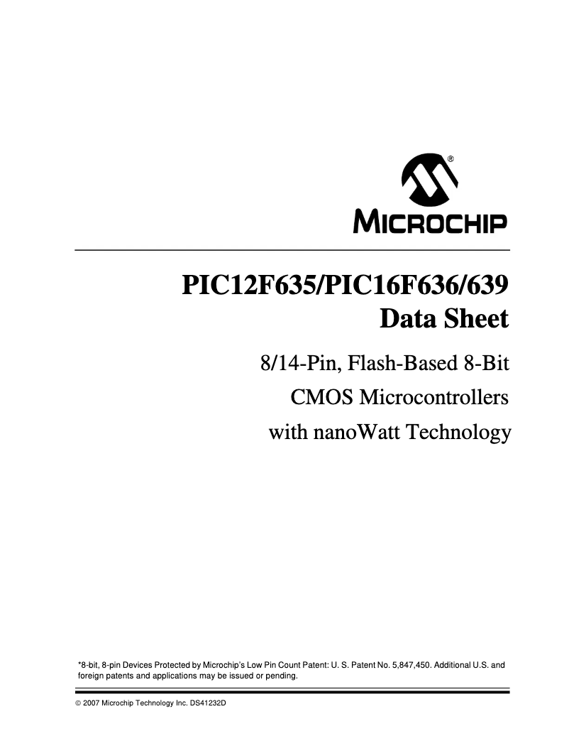 Page 1 de la notice Fiche technique Microchip PIC16F636