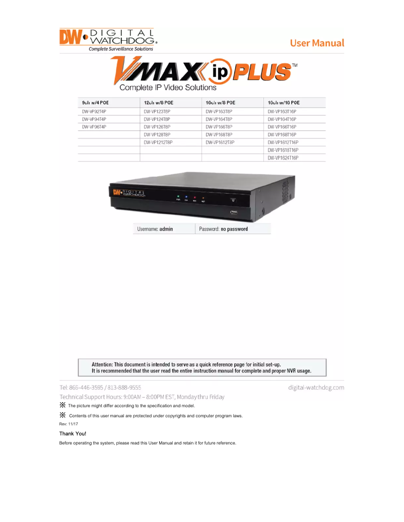 Page 1 de la notice Manuel utilisateur Digital Watchdog VMAX IP Plus DW-VP94T4P
